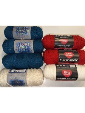 6 Red Heart I love this yarn Metallic Teal Red white ivory Skein 5oz 255 yd each